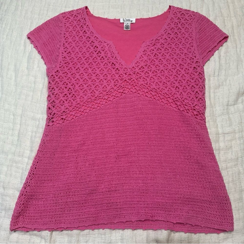 Lilly Pulitzer Pink Crochet Knit V-Neck Top